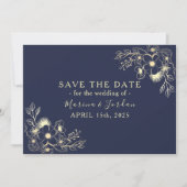 Elegante gouden bloemen Navy Blue Save the Date Ka (Voorkant)