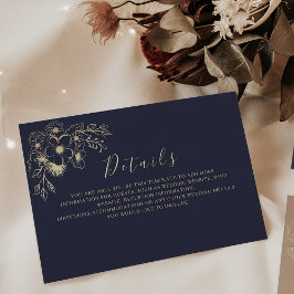 Elegante Gouden Bloemen Navy Wedding Details Kaart
