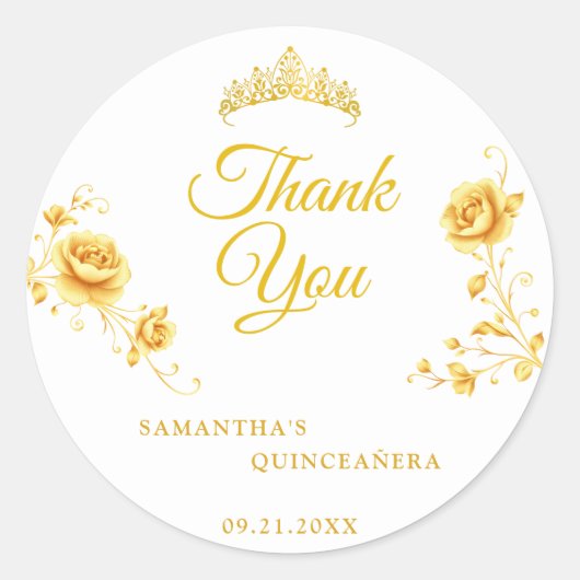 Elegante Gouden Bloemen Quinceañera Dank u Ronde Sticker (Voorkant)