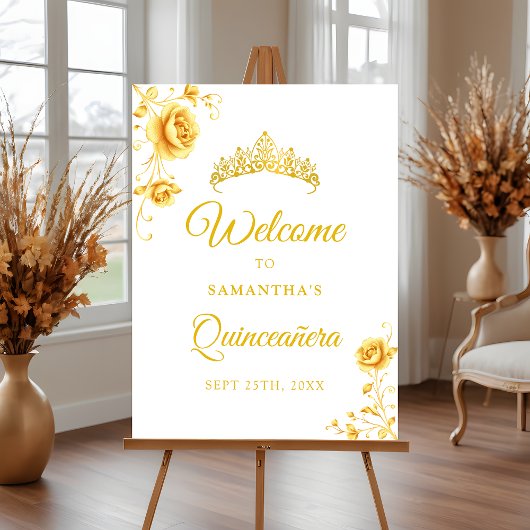 Elegante Gouden Bloemen Quinceañera Welkomstbord Poster