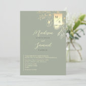 Elegante Gouden Bloemen Sage Green Wedding Kaart (Staand voorkant)