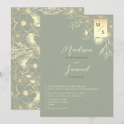 Elegante Gouden Bloemen Sage Green Wedding Kaart (Voorkant / Achterkant)
