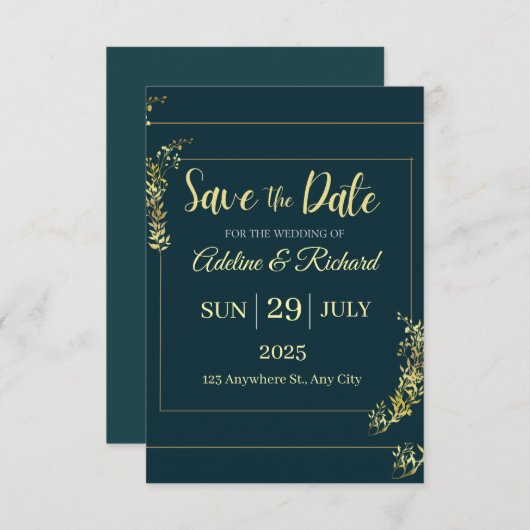 Elegante gouden bloemen save the date kaart (Voorkant / Achterkant)