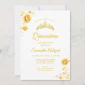Elegante Gouden Bloemen Witte en Gouden Quinceaner Kaart (Voorkant)