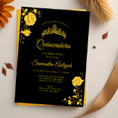 Elegante Gouden Bloemen Zwart en Goud Quinceanera Kaart
