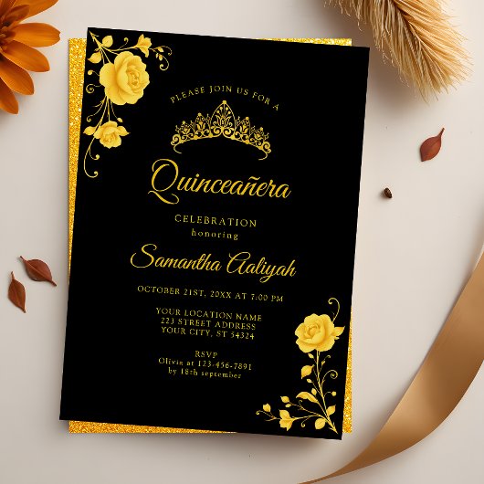 Elegante Gouden Bloemen Zwart en Goud Quinceanera Kaart