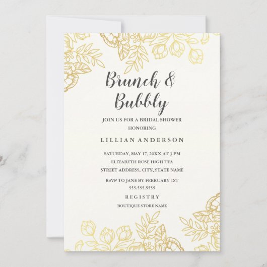 Elegante gouden  bloemenbrunch en bubbels kaart (Voorkant)