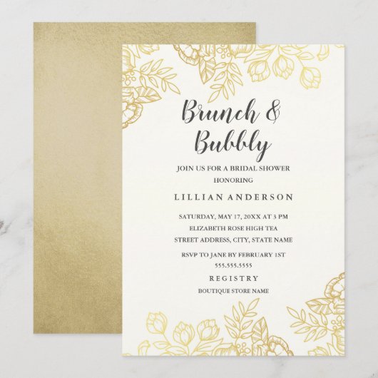 Elegante gouden  bloemenbrunch en bubbels kaart (Voorkant / Achterkant)