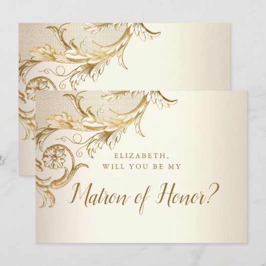 Elegante Gouden Bloemendamask Schrift Getuige Kaart (Voorkant / Achterkant)