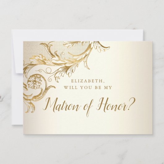 Elegante Gouden Bloemendamask Schrift Getuige Kaart (Voorkant)