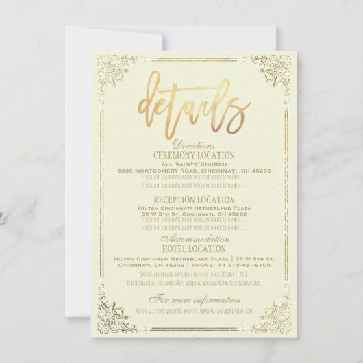 Elegante gouden bloemenframe Huwelijksrichtingsdet Kaart (Voorkant)