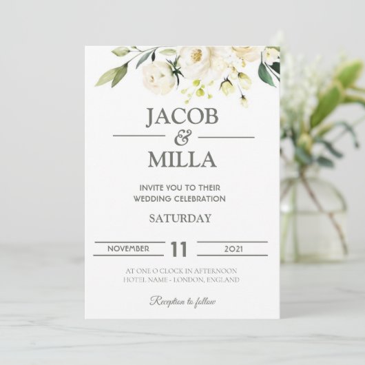 Elegante gouden bloemengroen bruiloft uitnodiging (Staand voorkant)