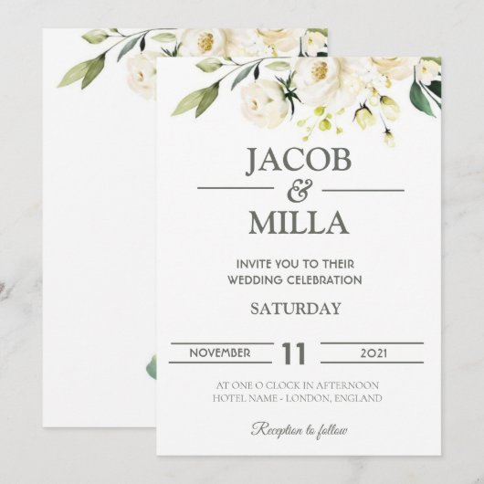 Elegante gouden bloemengroen bruiloft uitnodiging (Voorkant / Achterkant)