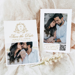 Elegante Gouden Bloemenkam Monogram Foto Bruiloft Save The Date