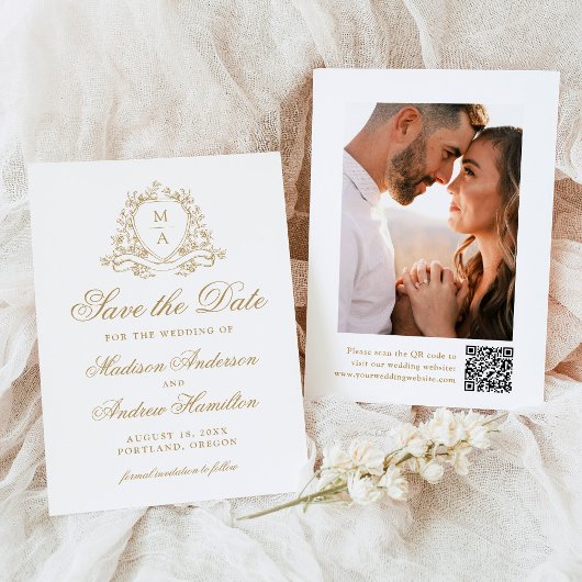 Elegante Gouden Bloemenkam Monogram Foto Huwelijk Save The Date