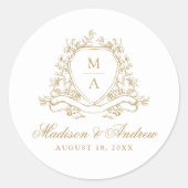 Elegante Gouden Bloemenkam Monogram Huwelijk Ronde Sticker (Voorkant)
