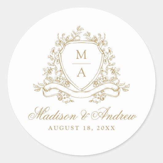 Elegante Gouden Bloemenkam Monogram Huwelijk Ronde Sticker (Voorkant)