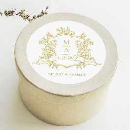 Elegante Gouden Bloemenkam Monogrammen Huwelijk Ronde Sticker