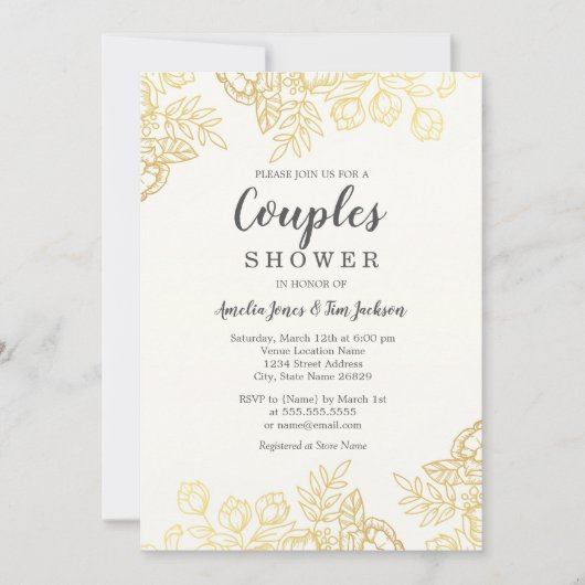 Elegante gouden  bloemenkoppels Douche Kaart (Voorkant)