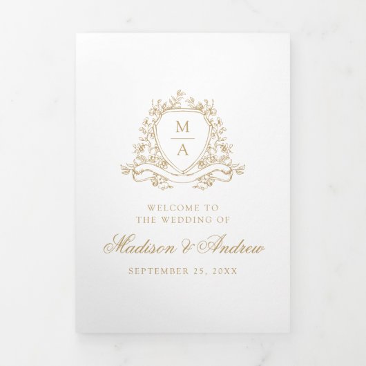 Elegante gouden bloemenkroon monogram bruiloft drieluik programma (Cover)