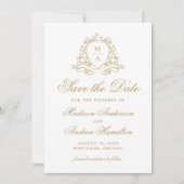 Elegante gouden bloemenkroon monogram bruiloft save the date (Voorkant)