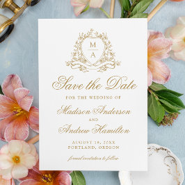 Elegante gouden bloemenkroon monogram bruiloft save the date