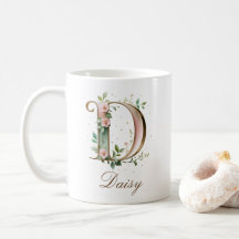 Elegante gouden bloemenletter D monogram mok