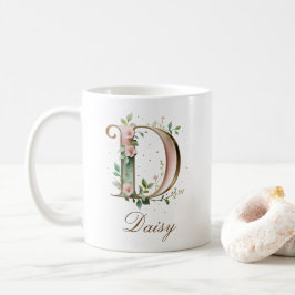 Elegante gouden bloemenletter D monogram mok