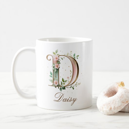 Elegante gouden bloemenletter D monogram mok (Met donut)