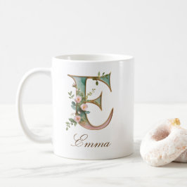 Elegante gouden bloemenletter E monogram beker Koffiemok