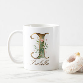 Elegante gouden bloemenletter I monogram beker Koffiemok