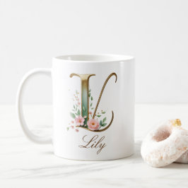 Elegante gouden bloemenletter L monogram mok