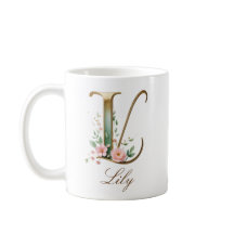 Elegante gouden bloemenletter L monogram mok