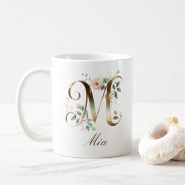 Elegante gouden bloemenletter M monogram mok