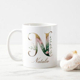 Elegante gouden bloemenletter N monogram beker Koffiemok