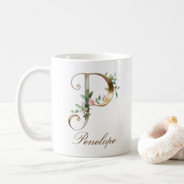 Elegante gouden bloemenletter P monogram mok