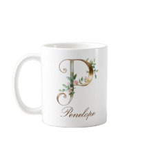 Elegante gouden bloemenletter P monogram mok