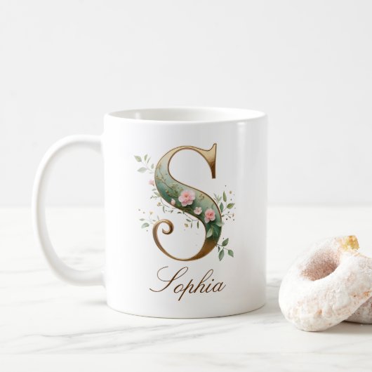 Elegante gouden bloemenletter S monogram mok (Met donut)