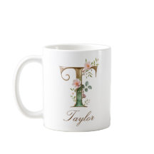 Elegante gouden bloemenletter T monogram mok