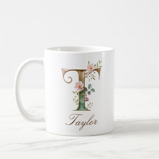 Elegante gouden bloemenletter T monogram mok (Links)