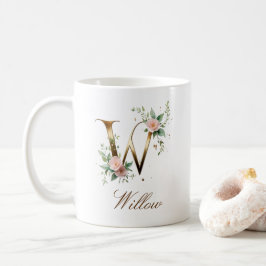 Elegante gouden bloemenletter W monogram mok
