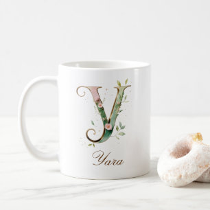 Elegante gouden bloemenletter Y monogram mok