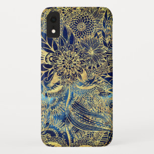 Elegante gouden bloemenmandala en blauw Case-Mate iPhone case