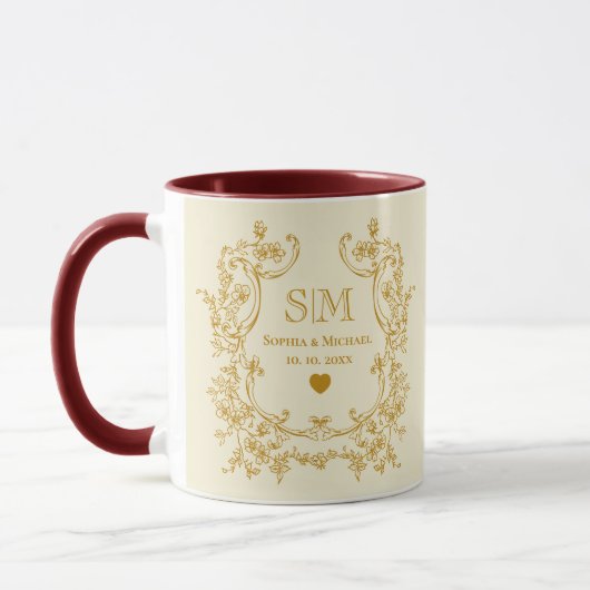 Elegante gouden bloemenmonogram bruiloft mok (Links)