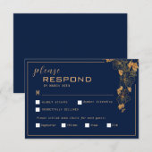 Elegante Gouden Bloemige Bladgroen Marineblauw RSVP Kaartje (Voorkant / Achterkant)