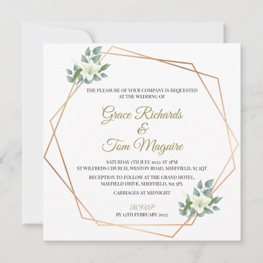 Elegante gouden bloemige groene geometrische trouw kaart (Voorkant)