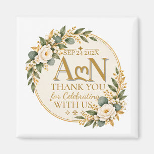 Elegante Gouden Bloemige Monogram Bruiloft Magneet