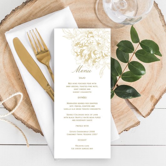 Elegante Gouden Bloemige Pioen Huwelijk Menu