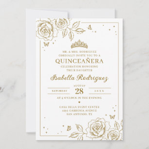 Elegante gouden bloemige Quinceañera Kaart