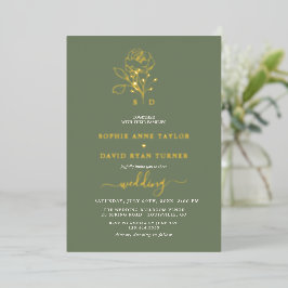 Elegante Gouden Bloemige Saliegroene Monogram Brui Folie Uitnodiging